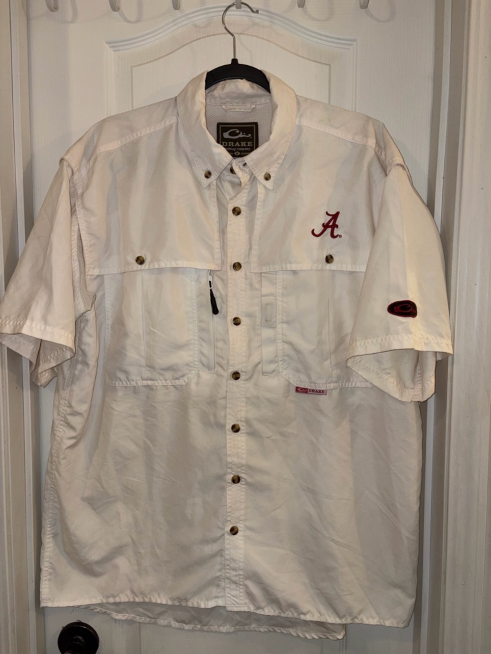 Drake White Short-Sleeve Button-Up Shirt with Crimson 'A'